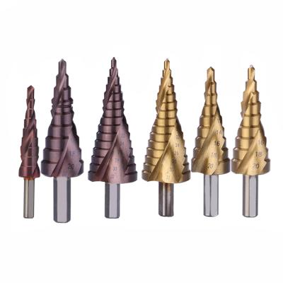 China SOLUDE Stainless Steel Metric Size Double Spline Titanium Coated Sheet Metal Step Drill Bit Set With Triangle Shank for sale