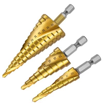 China Custom E-durable Stainless Steel SOLUDE HSS Titanium Coated Spiral Fluted Step Drill DIY 3 Bits Set 4-12mm/4-20mm/4-32mm Step Drill Bit placed for sale