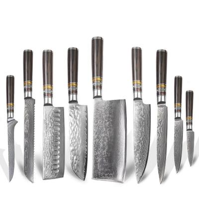 China Disposable Resin Pakka Wood Handle 67 Layers Damascus Professional Chef Knife Set 9pcs Kitchen Knife Stainless Steel For Cooking for sale