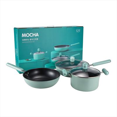 China Viable Aluminum Plated Kitchen Tools Set Non-Stick Wok Cooking Dinner Set Ironing Handle for sale