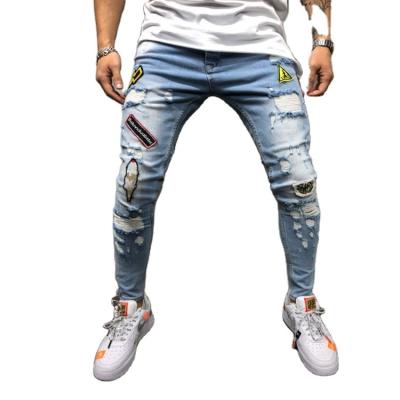 China New Men's Breathable Hip Hop High Street Biker Jeans Slim Hole Pants Youth Fashion Embroidery Jeans Slim Ripped Badge for sale