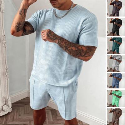 China Breathable Outdoor Stripe Workout Fitness Upper Short Sleeve Shorts Set Sports Suit Running Leisure Pants Sports Suit Two Pieces Gym Set for sale