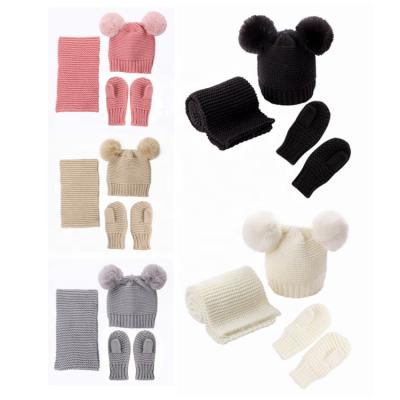 China Long 3 Pcs Set Factory New Running Plain Solid Color Warm Children Kids Mitten Kid Winter Hat Scarf Gloves Set for sale