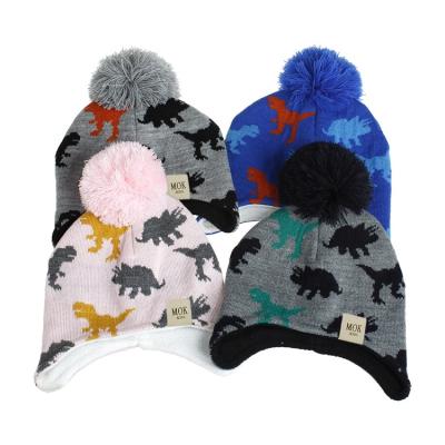 China Imitate New Style Autumn Winter Unisex Knitted Dinosaur Jacquard Animal Pompom Earflap Infant Winter Hat Ears for Boys and Girls for sale