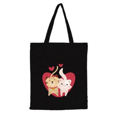 China Custom LOGO Fashion White Black Canvas Cartoon Painting Cat Print Shopping Bags Hand Folding Cute Bag For Gift for sale