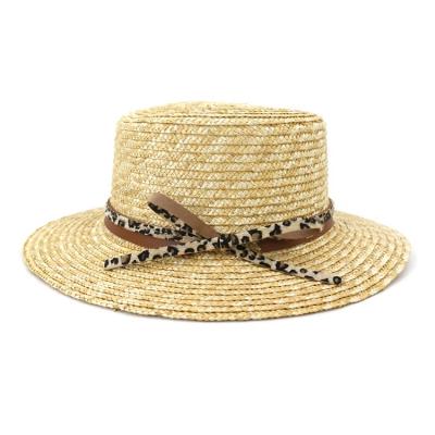 China New Wheat Striped Straw Hat Flat Top Summer Panama Beach Sun Jazz Belt Fedoras Hat Brief Women Blue for sale