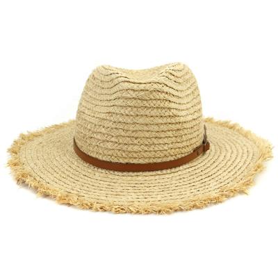 China New Vintage Summer Striped Beach Sun Hat Side Sun Hat Cowboy Panama Fedora Raffia Straw Hat With Wide Belt for sale