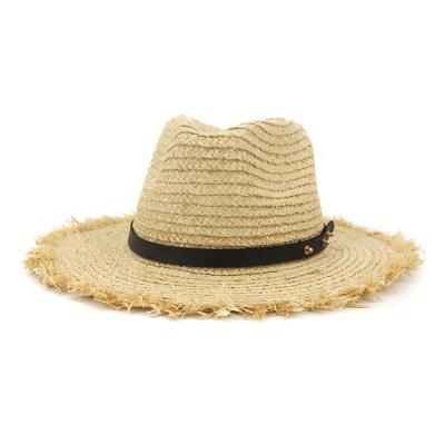 China New Hot Striped Men Women Brief Summer Blue Straw Hat Jazz Cap Wide Brim Raffia Sun Beach Panama Belt for sale