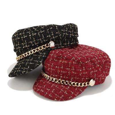 China Wholesale New Fashion Girl's Army Hat Plaid Newsboy Plaid Newsboy Wool Flat Hat Autumn Winter Tweed Chain Military Hat For Women for sale