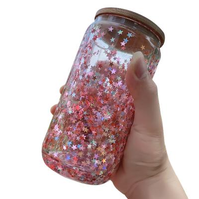 China Viable Sippy Drinking Mugs Cold Beer Can Shaped Glass Cup Double Wall Glitter Double Wall Snowglobe Tumbler Clear Sublimation Glass for sale