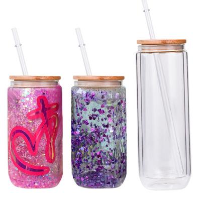 China Snowglobe Sublimation Tumbler Sippy Cup Double Wall Viable Clear Glass Beer Box Shaped Glass Cold Cups Glass Box With Lids And Straws for sale