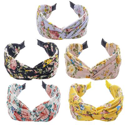 China Comfy Soft Wholesale Hair Floral Printing Wide Side Band For Girls High Quality Bow Cloth Headband Cross Headband for sale