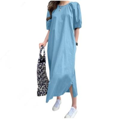 China 555 summer new high quality anti-static solid color women's fashion round neck casual dress for sale