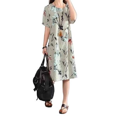 China Anti-static 5302 Women's Summer Vintage Round Neck Dress Dotted Print Cotton Linen Long Dress for sale