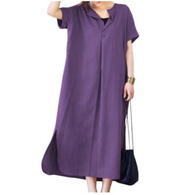 China 886 Anti-Static Women Summer High Quality Short Sleeve V-neck Loose Casual Side Slit Dress Solid Color for sale