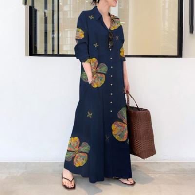 China W565 Anti-Static Cotton Muslim Canvas Printed Lapel Tops Simple Loose Long Sleeve Literature Long Casual Dress for sale