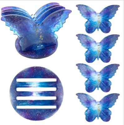 China DIY Crystal Epoxy Mold Butterfly Coaster Bracket Viable Decoration Creative Coaster Silicone Epoxy Mold for sale