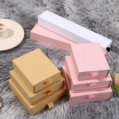 China Recyclable Small Drawer Gift Jewelry Packaging Con Box With Ribbon Slide Kraft Paper Velvet Drawer Custom Jewelry Box for sale