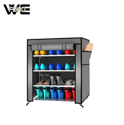 China Steel Tube Standing Shoe Rack Fabric Fashion Rank Sliding Door Shoes Cabinet Te koop