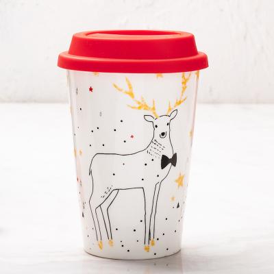 中国 Ceramic Double Wall Travel Cup With Cover Ceramic Coffee Cup Mug High Quality 販売のため