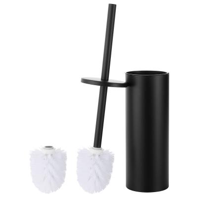 China 2022 Modern Fashion Stainless Steel Black Long Handle Bathroom Curved Toilet Cleaning Brush With Round Holder for sale