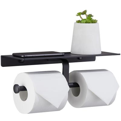 China Modern Decorative Wall Mounted Kitchen Double Toilet Paper Holder Waterproof Black With Shelf And Storage for sale