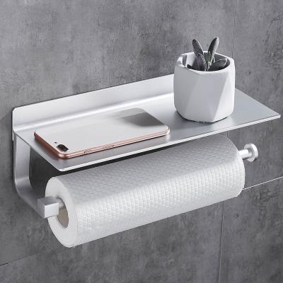 China New Modern Adhesive Wall Mount Space Bathroom Tissue Paper Roll Holder Aluminum Holder With Phone Storage Shelf for sale