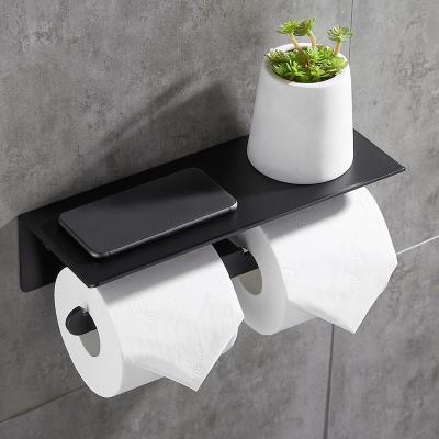 China Modern Designs Matte Black Toilet Paper Holder Waterproof Wall Mounted With Mobile Phone Shelf for sale