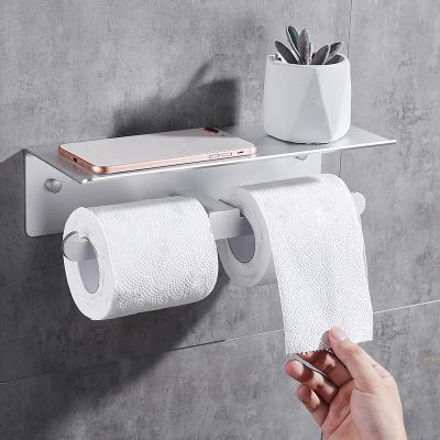 China Modern Custom Aluminum Alloy Toilet Paper And Phone Holder / Paste With Shelf Bathroom Double Roll for sale