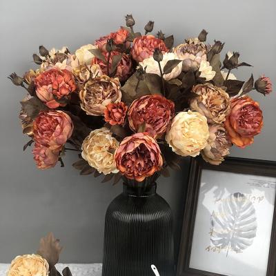 China N-080 Ted Vintage Style Autumn 5 Heads Peonies Artificial Silk Flower Eco-friendly/Durable European Bakerblushing Bouquet For Wedding Bridal for sale