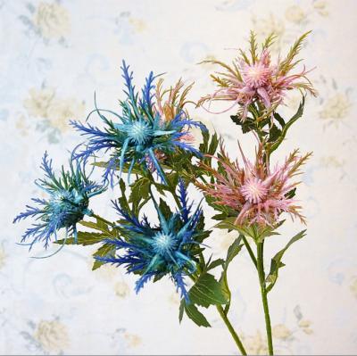 China N-054 3 Head Eco-friendly / Durable Artificial Eryngium Flower With Long Stem Floral Arrangements Wedding Home Decor Blue Thistle Flower for sale