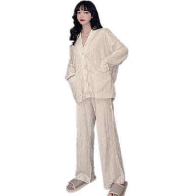 China Breathable Wholesale Cotton Casual Home Dress Set Long Sleeve Pants 2 Piece Ladies Loungewear Pajamas for sale