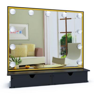 China Vanity Hollywood Style Black And Gold Lighted Mirror Lightning Frame Tall Frame Led Makeup Desk Mirror for sale