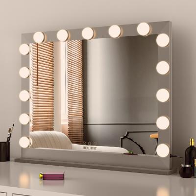 China Wall Lighted Mirrors Modern Home Decor Touch Screen Silver Hollywood LED Makeup Mirror with 15 Bulbs for sale