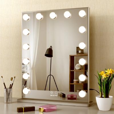 China Professional Internet Celebrity Makeup Mirror Hollywood Star Vanity Mirror Fill Light Lighted Large Mirror with 15pcs LED Bulb for sale