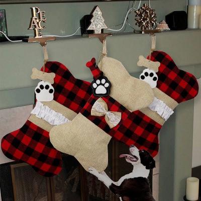 China Perfect for gifts for dogs or cats. Christmas Stocking Plaid Gift Decoration Ornaments Santa Tree Pendant Red Dog Bone for sale