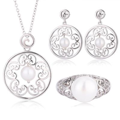 China TRENDY Fashion women jewelry dainty ring 925 sterling silver fresh water pearls pendant necklace and earrings set for sale