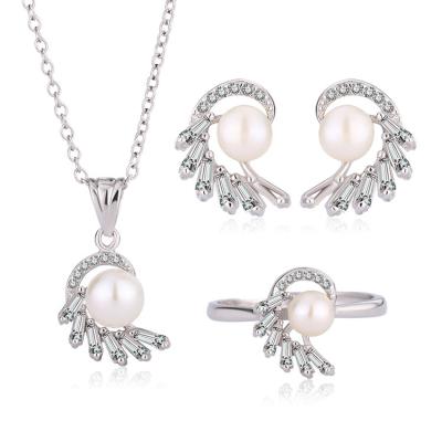 China TRENDY Zircon zirconia jewelry set fashion woman 925 silver pearl ring earring and pendant necklace set for sale