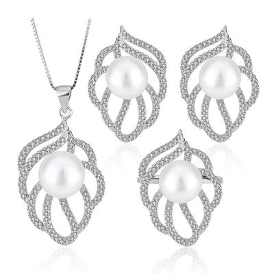 China TRENDY Wedding bridal jewelry sets 925 sterling silver pearl ring pendant necklace and earings set for weddings for sale