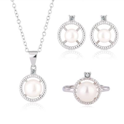 China TRENDY Fashion fine jewelry sets silver pearl ring earrings and pendant necklace set for sale