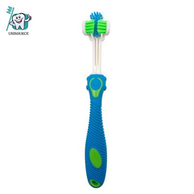 China Bamboo Toothbrush Handle Pets Blue Toothbrush Three Head Dog Toothbrush for sale