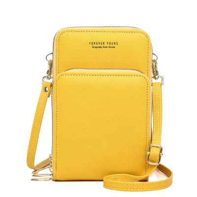 China Newest Designer 2021 PU Leather Small Phone Wallet Solid Color Women Cell Phone Purse Korean Multifunctional Zipper Lady's Shoulder Bag for sale