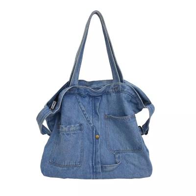 China Waterproof Women's Jean Color Tote Retro Denim Casual Jeans Shoulder Bag Jeans Shopping Bag Large Capacity Soft Packaging for sale