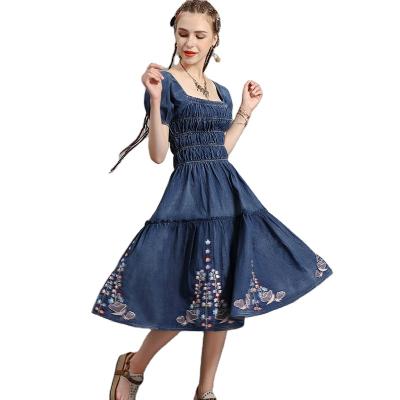 China LOW MOQ Breathable Manufacturer Women Summer Puff Sleeve French Ruffle Dresses Embroidery Shirt Denim Maxi Dress for sale