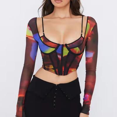 China Anti-pilling Long Sleeve Bustier Adjustable Strap Nightclub Corset Tank Crop Top Fitted Mesh Tie Dye Print Boning for sale