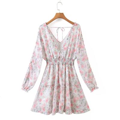 China Breathable spring dresses 2022 Hawaii female flare floral wholesale boho women long sleeve chiffon smocked mini dresses for sale