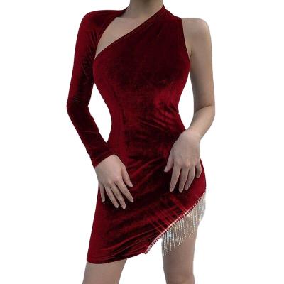 China Viable Diamond Halter Fringe Latin Dance Dress Velvet Backless Symmetrical Dress For Women for sale