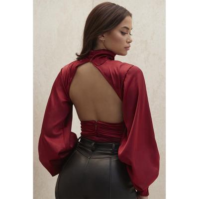 China Black Wine Red Satin Halterneck Backless Bib Overalls Anti-pilling Backless Wide Leg Overalls For Women for sale