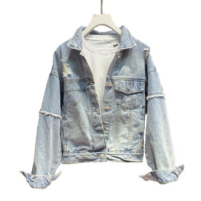 China Ladies Womens Patchwork Pocket Cut Out Indigo Overdyed Patchwork Denim Jacket Women Denim Bomber Jacket Sleeve Lattice Jacket For Winter for sale