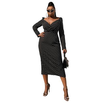 China Medium Long Sleeves Polka Dot Washable Dress Wholesale Length Formal Dress Lady Fat Plus Size Dress for sale